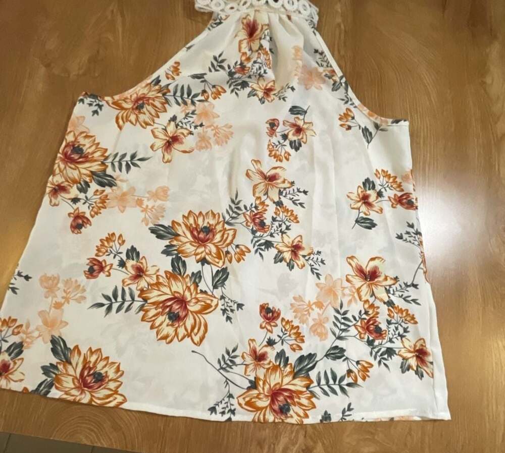 SHEIN Floral Print Halter Neck Sleeveless Blouse with Crochet Lace Detail